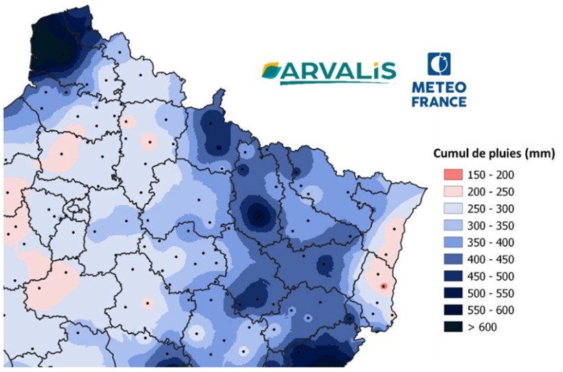 Carte 1 : Cumuls de pluie de cet automne-hiver à l’échelle du Nord-Est de la France