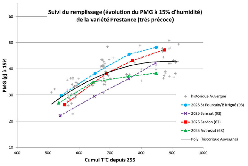 Figure 4 : Evolution du poids de mille grains (PMG) au fil du remplissage pour la variété Prestance (très précoce)