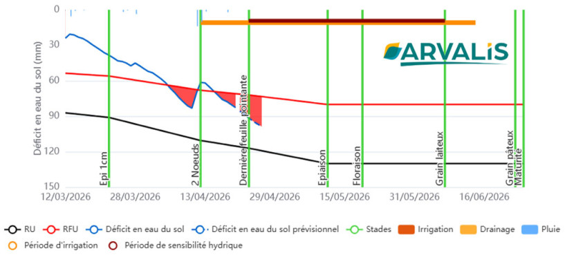 Figure 4 : Bilan hydrique pour la variété CELEBRITY, semis du 1er novembre, argilo-calcaire (RU = 130 mm ; RFU = 80 mm) à Clermont-Ferrand (63)
