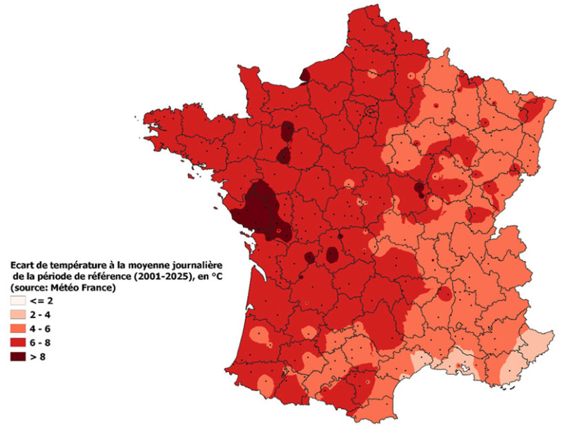 Figure 4 : Anomalie thermique observée lors de la 3e décade de mai 2026 (écart de température entre 2026 et la période de référence 2001-2025)