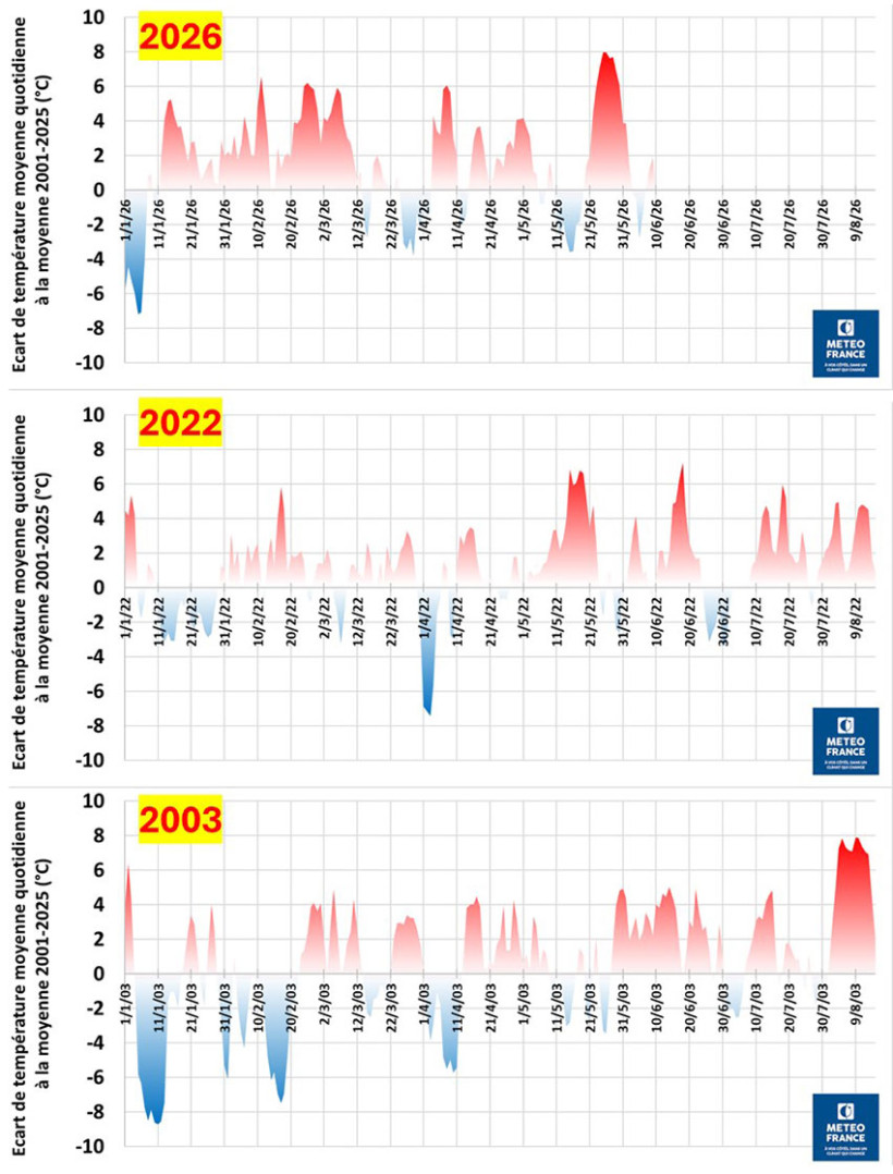 Figure 5 : Comparaison des intensités, durées et saisonnalité des précédentes vagues de chaleur en 2003, 2022 et 2026 (moyenne nationale de 289 stations météo ; critère : température moyenne journalière)