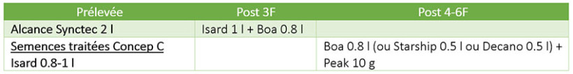 Tableau 3 : Exemples de programmes herbicides sur sorgho avec une forte pression en graminées estivales + dicotylédones annuelles