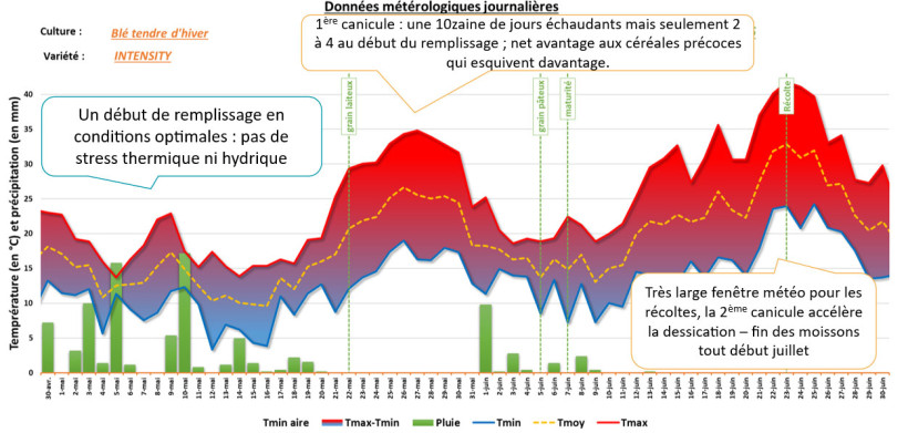 Figure 6 : Données météorologiques journalières sur la station de la Jaillière (44) – De fin mars à fin juin 2026 – Blé tendre d’hiver variété Intensity semée le 20 octobre 2025 