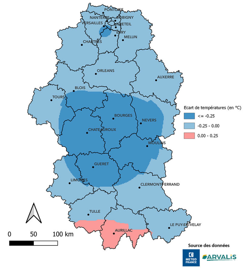 Figure 2 : Ecart à la médiane 15 ans des moyennes de températures du 01/10/2025 au 25/01/2026