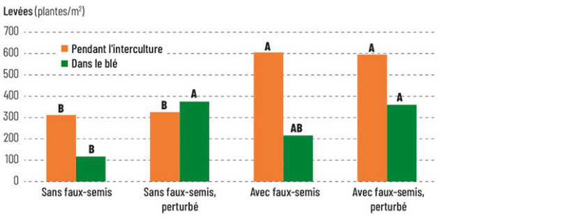 Figure 1 : Levées de ray-grass pendant l’interculture et dans le blé suivant en fonction de la gestion de l’interculture et du semis – 4 essais entre 2007-2008 et 2014-2015