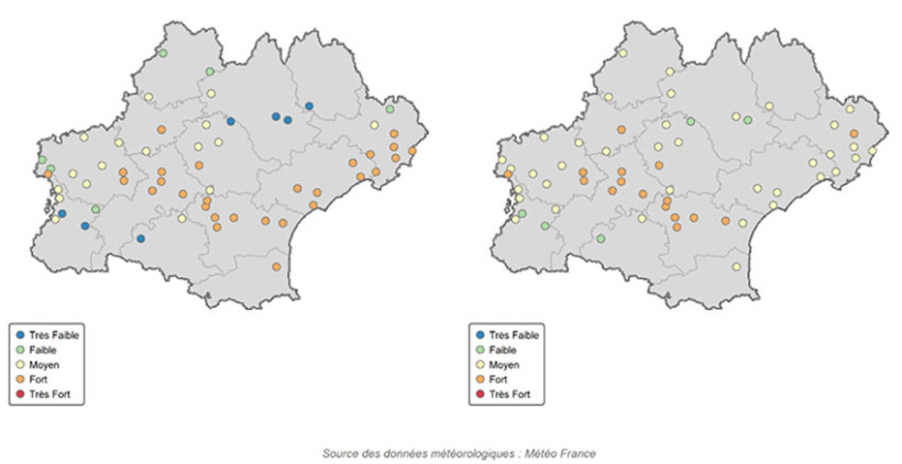 Cartes 1 et 2 : Evaluation du risque pucerons (à gauche) et écart à la médiane (2012-2024) (à droite) – exemple de prédiction pour un semis du 15 octobre 2025 – données jusqu’au 19 novembre 2025