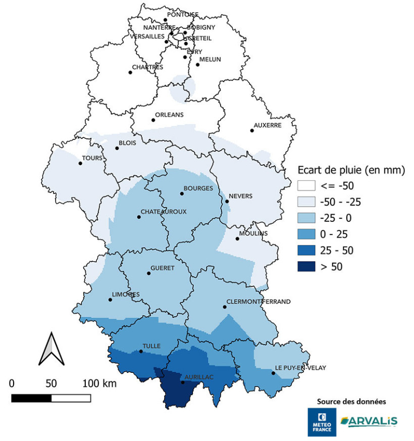 Figure 1 : Ecart à la médiane 15 ans des sommes de pluies du 01/10/2025 au 25/01/2026