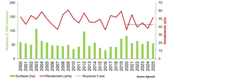 Figure 1 : Evolution des surfaces et rendements en orges de printemps sur la région Bourgogne-Franche-Comté depuis 2000