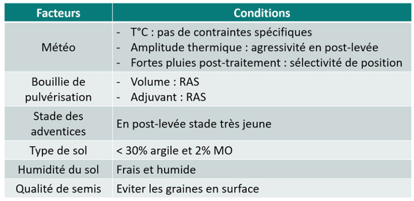 Tableau 1 : Facteurs influençant l’efficacité et la sélectivité des herbicides racinaires