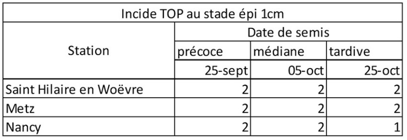 Tableau 1 : Indices TOP au stade épi 1 cm et score climat selon la localisation et la date de semis
