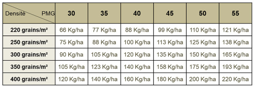 Tableau 1 : Calcul de la dose de semis de blé tendre suivant le PMG des semences