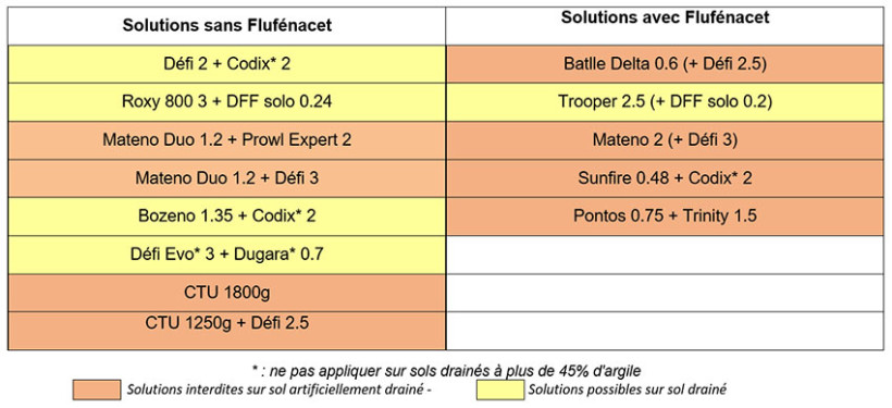 Tableau 1 : Quelques exemples de programmes de désherbage de prélevée (propositions non exhaustives) dans la lutte contre les graminées automnales
