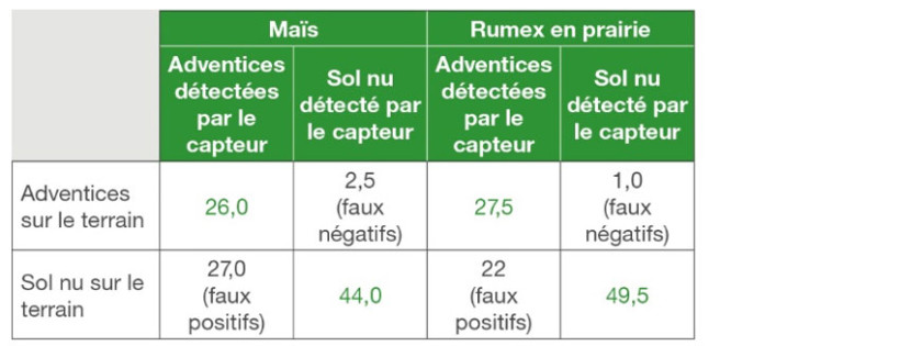 Tableau 1 : Taux de détection des adventices par des algorithmes en maïs (algorithme tout sauf culture) et sur les rumex en prairie