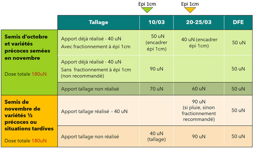 Tableau 1 : Synthèse des recommandations avec ajustement de la fertilisation azotée au 5 mars à l’approche de l’épi 1 cm