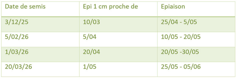 Tableau 2 : Valeurs repères d’atteinte de stades pour RGT Planet selon date de semis – secteur Poitou-Charentes 