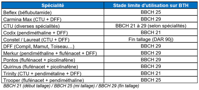 Tableau 1 : Herbicides racinaires possibles au-delà de 3 feuilles de la culture 