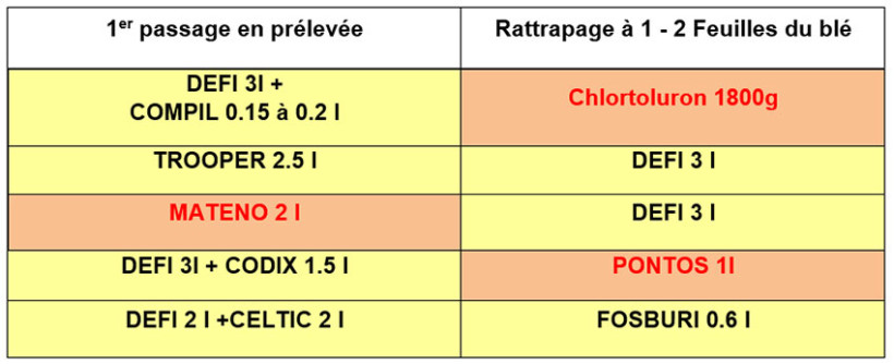 Tableau 2 : Exemples de programmes blé tendre en deux passages à l’automne efficaces sur ray-grass ou vulpin - les produits en rouge sont interdits sur sols drainés