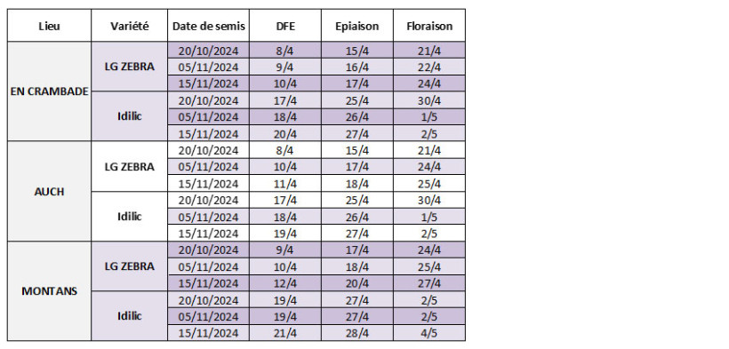 Tableau 3 : Dates prévisionnelles des stades DFE à floraison en orge d’hiver selon la date de semis, la variété et la station
