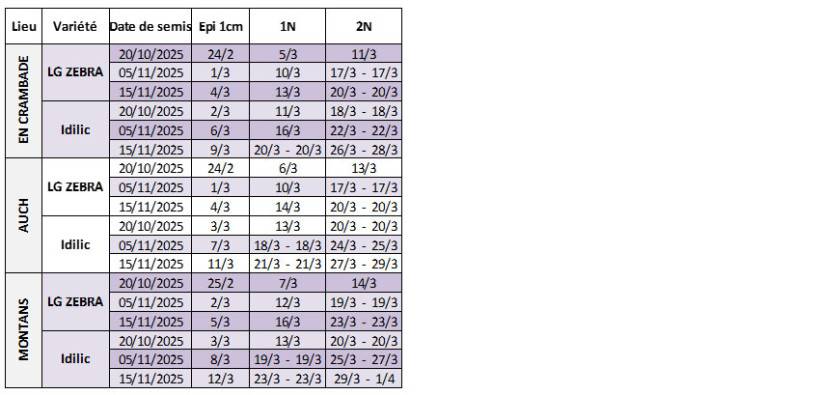 Tableau 3 : Dates prévisionnelles des stades épi 1 cm et 2 nœuds en orge d’hiver selon la date de semis, la variété et la station