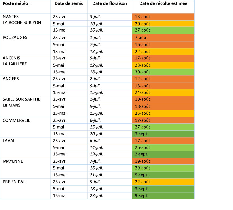 Tableau 1 : Date estimée d’atteinte du stade optimal de récolte ensilage – 32 % de Matière Sèche pour une variété demi-précoce S2, selon le secteur et la date de floraison – modèle Arvalis, données météo actualisées au 18/08