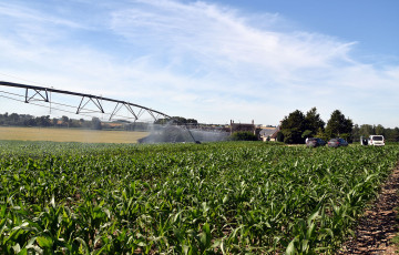 Pivot d'irrigation devant une parcelle de maïs en 2026 en Poitou-Charentes