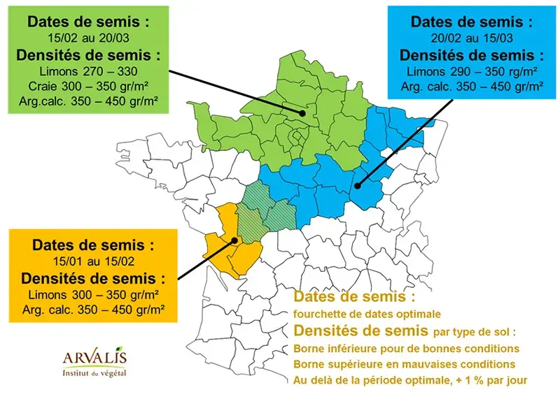 carte plages recommandées de dates et densités de semis orge de printemps
