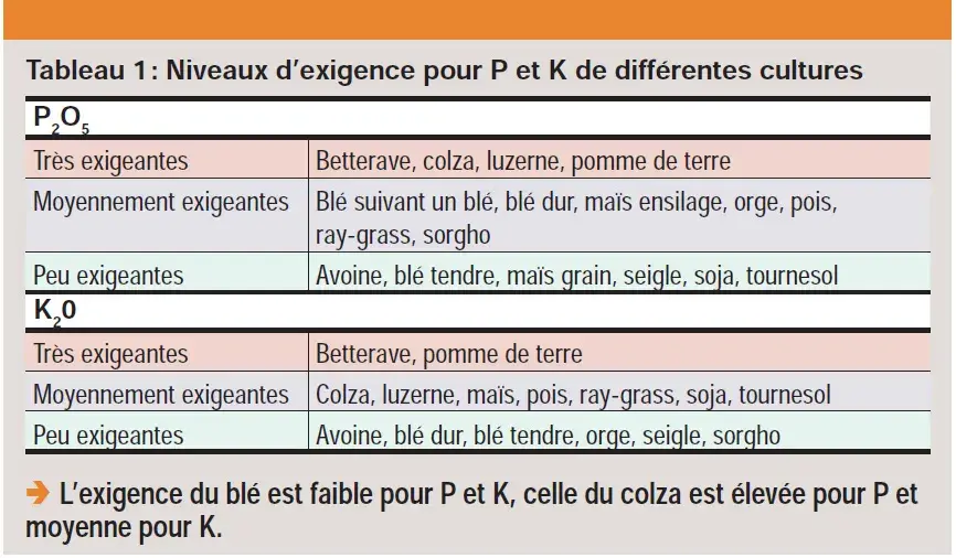 Fumure de fond : Niveaux d'exigence pour P et K de différentes cultures