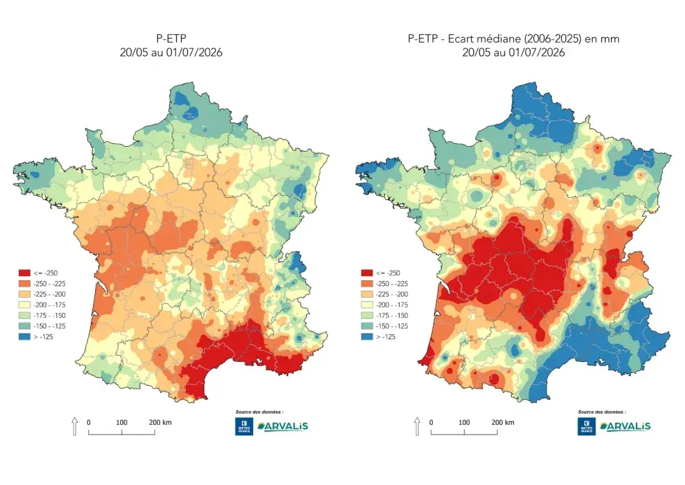 Déficit hydrique observé sur la période du 20 mai au 1er juillet 2026