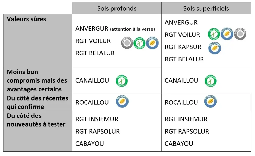 Tableau 1&nbsp;: Variétés conseillées en fonction des milieux