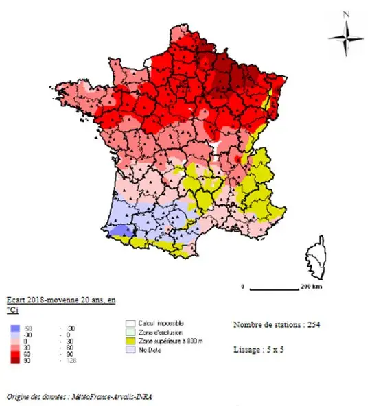 Carte 2 : Ecart à la moyenne pluriannuelle du cumul de température 2018 entre le 1er mai et le 15 juin