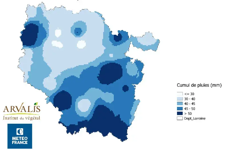 Cumul de pluies (en mm) du 10 avril au 31 mai 2022 en Lorraine