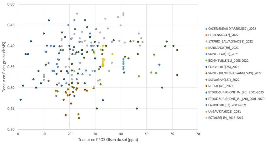 Figure 2 : Teneur en P des grains de blé tendre en fonction de la teneur en P2O5 Olsen du sol par essai ou site longue durée