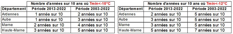 Analyse fréquentielle des températures inférieures à -10°C (à gauche) et -12°C (à droite) sur quelques stations météo de Champagne
