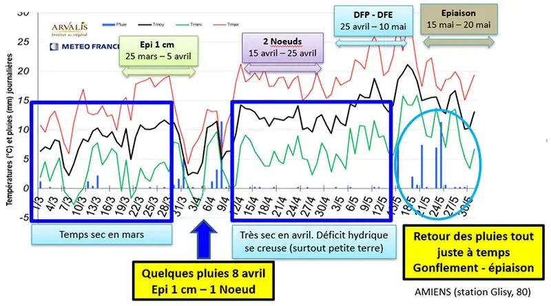 Températures et pluies journalières entre le 1er mars et le 30 mai 2022