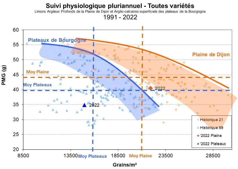 PMG (g) en fonction du nombre de grains/m²