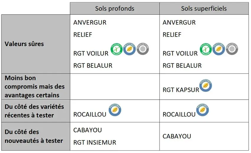 Tableau 1&nbsp;: Variétés conseillées en fonction des milieux