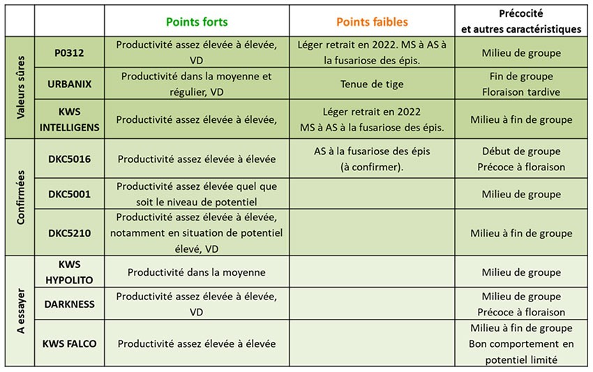 Résultats par classe de rendement (29 essais France 2022) et préconisations des variétés demi-tardives (G4)