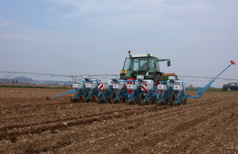 Semis de maïs, 8 rangs, plaine de l'Ain, en avril 2026 