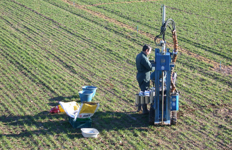 Un homme prélève un échantillon de terre parmi des plantes de céréales à paille en janvier 2026 en Limousin