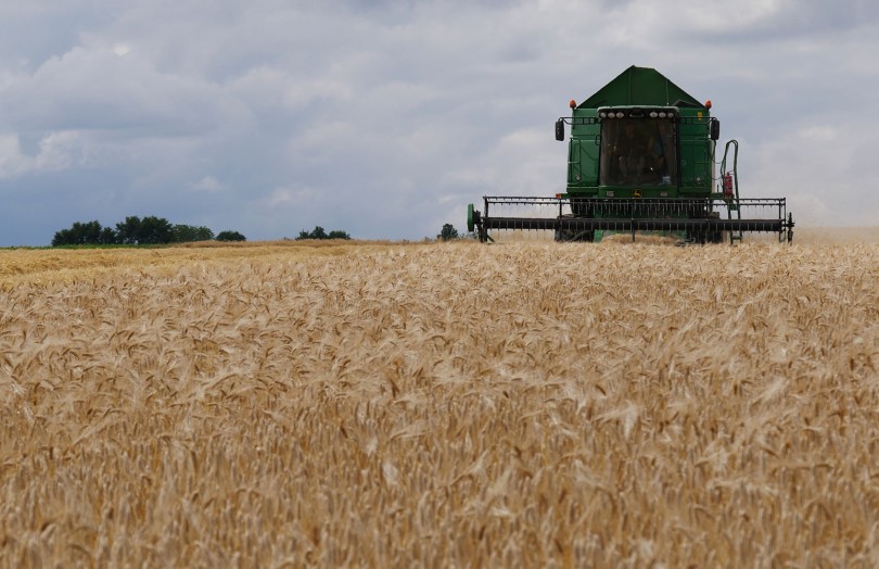 Moissonneuse-batteuse dans un champ de blé à maturité, pour la récolte 2023 en Poitou-Charentes